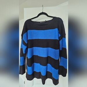NY & Co Blue/Black Stripe Crew Neck Pullover Sweater, Large, Like New